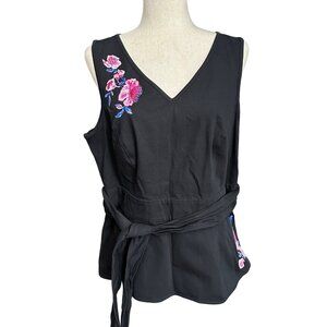 Elle Shirt Women L NWT Black Floral Embroidery V Neck Tank Top Waist Tie